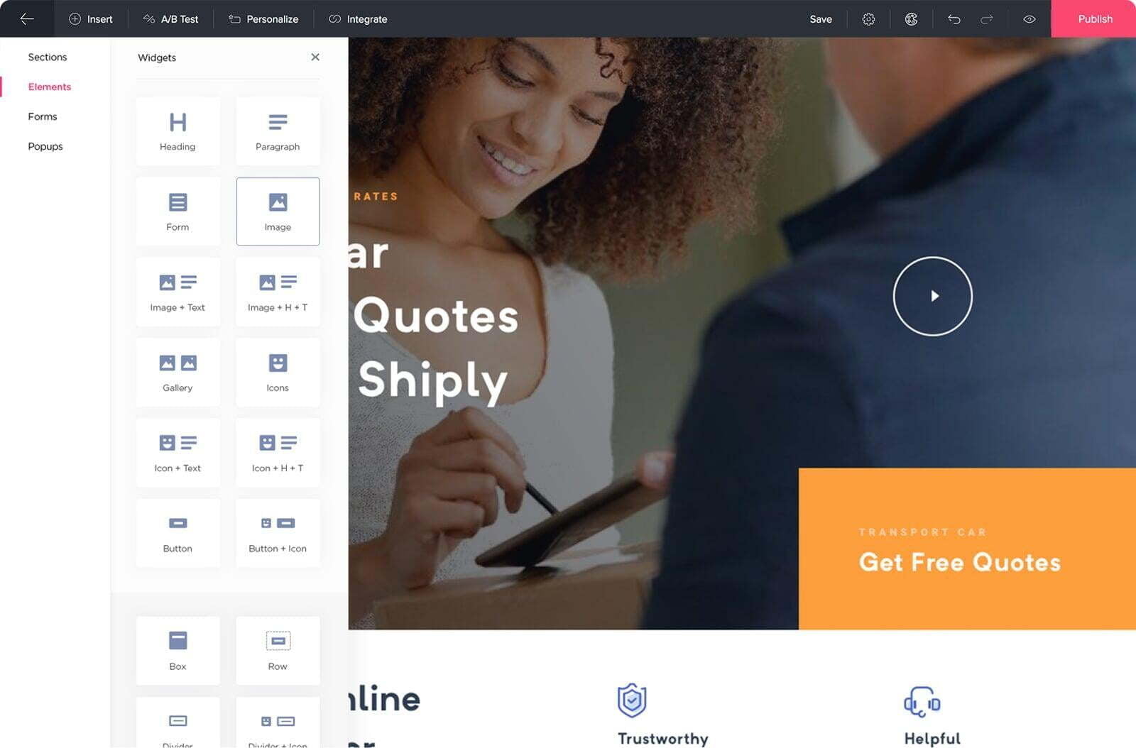 drag-and-drop landing page builder-zero code